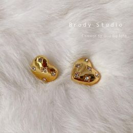 Stud Earrings Gold Metal Heart Crystal For Women Pierce Jewelry Party