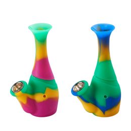 Cool Colorful Silicone Portable Removable Bubbler Pipes Dry Herb Tobacco Filter Metal Bowl Innovative Vase Style Bong Hookah Waterpipe Smoking Cigarette Holder