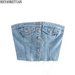 Women's Tanks Camis KEYANKETIAN Women Sexy Strapless Single Breasted Denim Tube Corset Summer Ladies Back Pleats High Waist Wrap Chest Crop Vest Top 230307