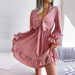 Casual Dresses F 2023 Women Spring Summer Solid Colour Lace Up High Waist Wooden Ear Edge Big Swing Dress For Fashion
