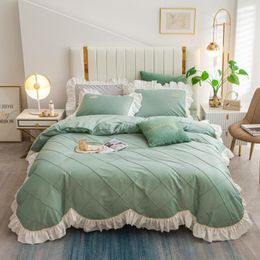 Bedding Sets Green With White Ruffles Duvet Cover Set Luxury Princess Cotton Bed Skirt Pillowcases 4pcs Solid Colour Home Textile