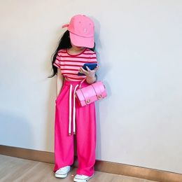 Clothing Sets Girls Suit Summer Baby Striped T shirt Wide Leg Straight Pants 2pcs Girl Short sleeved Outfits Children 230307