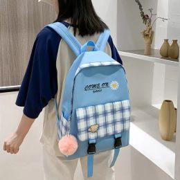 4pcs/Set Canvas Backpacks Daisy Flower Plaid School Rucksack Teenager Girls Large Capacity Mochila Cute Shoulder Bookbags