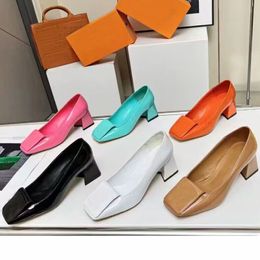 Dress shoes designer shoes bright patent leather thick heel high heels square metal buckle top sandals letter women's shoes high heel boat shoes 34-41-42 with box
