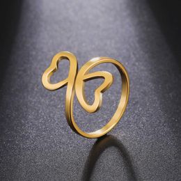 Band Rings Skyrim Stainless Steel Double Hearts Ring Women Gold Colour Minimalist Adjustable Finger Rings 2023 Fashion Jewellery for Lover AA230306