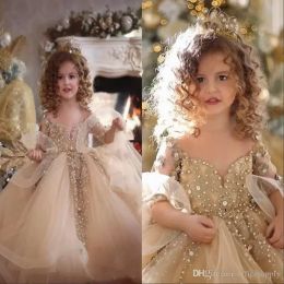 Champagne Ball Gown Princess Girls Pageant Dresses Long Sleeves Pearls Lace Applique Tulle Puffy Kids Flower Girls Birthday Gowns Dress