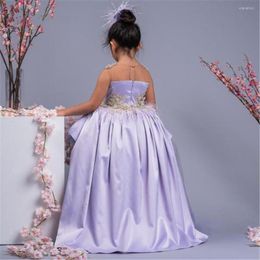 Girl Dresses Lilac Satin Flower Dress Puffy Princess Cute High Low Style Little Party Embroidery First Communion Gown
