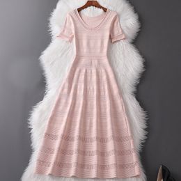 2023 Summer Pink Solid Color Knitted Dress Short Sleeve Round Neck Hollow Out Midi Casual Dresses M3M036288