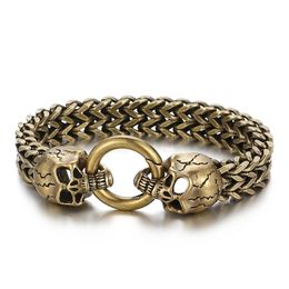 Bronze Skeleton Bracelet Wheat Link Chain Skull Bangle Stainless Steel Jewelry 12mm 8.66inch