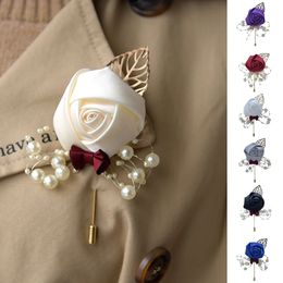 New Ceremony Wedding Prom Corsage Flower Rose Brooch Pin Pearl Bow Bride Groom Flower Boutonniere Satin Ribbon Accessory Gift