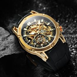Wristwatches WINNER Military Mechancial Watches Sports Tourbillion Transparent Skeleton Dial Top Brand Luxury Rubber Leather Belt Gold Watch 230307