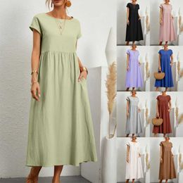 Casual Dresses Elegant Cotton Linen Long Dress Women Summer Y2K Harajuku Solid Short Sleeve Midi Dress Female Causal Pockets Loose Dresses Robe Z0216 Z0216