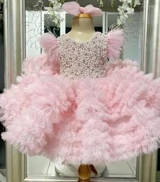 Girl Dresses Pink Princess Dress Pearl Beaded Puffy First Communion Flower Cute Children Celebration