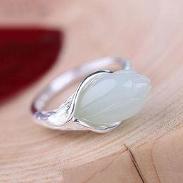 Cluster Rings Inlaid Natural Hetian White Jade Opening Adjustable Ring Chinese Retro Magnolia Flower Pendant Female Brand Jewelry