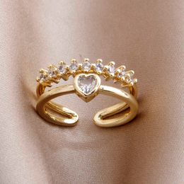 Band Rings 2023 New Arrival Zircon Heart Adjustable Rings For Women Delicate Jewelry 14k Gold Color Wedding Double Layer Crystal Rings AA230306