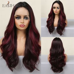 Synthetic Wigs Easihair Long Wavy Lace Front Wig Black to Dark Red Ombre Natural for Women Heat Resistant Cosplay High Density 230227