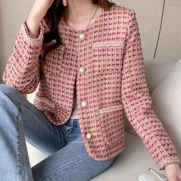 Women's Jackets High Quality Woollen Jacket Women 2023 Spring Harajuku Pink Plaid Tweed Runway Designer Short Coat Streetwear