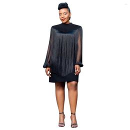 Casual Dresses Arrival 2023 Black Thin See Through Tassel Two Pieces Set Fashion Women O Neck Dress Long Sleeve Sexy Party Summer Vestidos