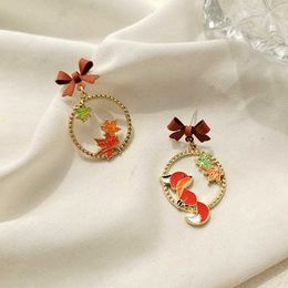 Charm Cute Bowknot Maple Leaf Fox Stud Earrings For Women Girl Hollow Round Pendant Earrings Trendy Cat Rabbit Astronaut Accessories G230307