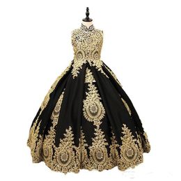 New Luxurious Black And Gold Lace Flower Girls Dress High neck With Corset Back Crystal Designer Girl First Communion Pageant Gown