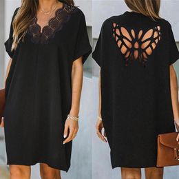 Casual Dresses Sexy Backless Butterfly Design Hollow Out Women Vestidos V-Neck Lace Patchwork Robe 2023 Spring Summer Party Dress