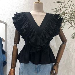 Women's Blouses Pleated Casual White Shirt Women Layered Ruffles V Neck Summer Tops Chic Butterfly Sleeve Fashion Shirts 15594