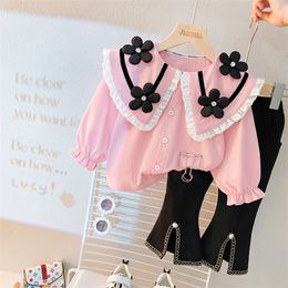 Clothing Sets Baby Girls Autumn Kids Clothes Outfits Toddler Infant Lace Floral Shirt Pants 2 Pcs Suit Children Sportswear 230307