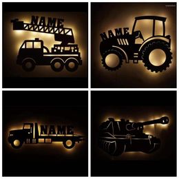 Wall Lamps Personalised LED Lamp Car Tank Trucker Fire Truck Tractor Custom Name Wooden Night Light For Kids Children Room Decoration