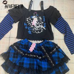 Two Piece Dress Harajuku Gothic Girl Suit Plaided Cake Skirts Off Shoulder T shirt Tops Punk Set Outfits Female AFC1838 230306