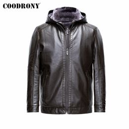 Men's Leather Faux Leather COODRONY Brand Leather Jacket Male Winter Thick Warm Hooded Coat With Fleece Cotton Liner Windbreaker Men Luxury Clothing Z8170 230307