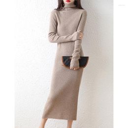 Vestidos casuais Vestido de suéter de lã de inverno outono Pulloves de malha básicas de malha básica feminina feminina de gola alta fêmea de manga longa