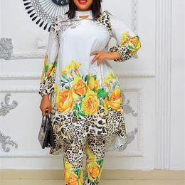 Ethnic Clothing 2 Piece Set Plus Size Clothes Women Dashiki African Summer Chiffon Print Tops Pants Trousers Suits Ankara Party Outfits 230307