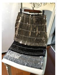 Skirts Sidami Women Vintage Sequined Mini Skirt Sequins Beading Bodycon Skirt Silver Gold Bling Empire Sheath Summer Skirt Shiny 230306