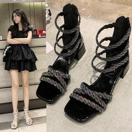 Dress Shoes Women Sandals Gladiator Fashion Casual Blingbling Temperament Cover Heel Open Square ZIP Med (3cm-5cm) High Quality