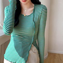 Women's T Shirts Autumn Striped Cotton Girls Long Sleeve Slim Split TShirt Tee Women Contrast Color Top