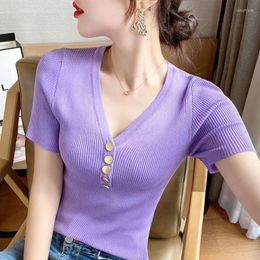 Women's T Shirts Korean Version Summer V-neck Ice Silk Short-sleeved T-shirt High Waist Slim Short All-match Top Thin Women's Knitted