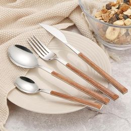 Dinnerware Sets 304 Stainless Steel Glossy Silver Wooden Tableware Western Knife Fork Teaspoon Cutleries Kitchen Supplies