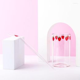 Wine Glasses Ins Nana Strawberry Heat Resistant Coffee Milk Water Cups With Straws Clear Cute Juice Smoothie Cold Drinks Straw Cup