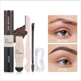 Pudaier Eyebrow Enhancers Stamp Stencil Kit 2 Colors Dual Brush Heads for Natural Brows Contours Hairline Multipurpose with 10 Brow Stencils and Styling Kit