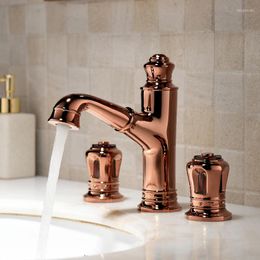 Bathroom Sink Faucets Rose Gold Brass Faucet Three Hole Two Handle Basin Cold Water Mixer Pull Out Top Quality