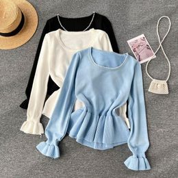 Women's Blouses Clothland Women Chic Beading Thin Sweater O Neck Long Bell Sleeve Stretchy Slim Blouse Shirt Cute Spring Tops Blusa LA705