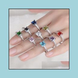 Cluster Rings Square Zicron Ring Sier Plated Fantasy Colorf Friendship Patery Jewellery Gift Ladies Girl Size 5 6 7 8 9 10 Dro Dhxhc