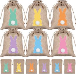 24pcs/set Easter Burlap Bags Cute Rabbit Bag Funny Bunny Egg Collection Bunches Candy Packaging Small Gift Pouch With Drawstring For Party Favour RRA