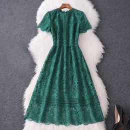 2023 Summer Green Panelled Floral Lace Dress Short Sleeve Round Neck Hollow Out Midi Casual Dresses M3M036353