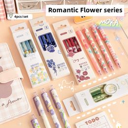 Gel Pens 4pcs Romantic Flower Gel Pens Set Lovely Floral Printing 05mm Ballpoint Black Color Ink for Writing School Office A7199 J230306