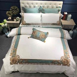 Luxo bordado oriental de algodão egípcio branco real king size elabem de cama elaborado lençol de tampa de edredão set216b