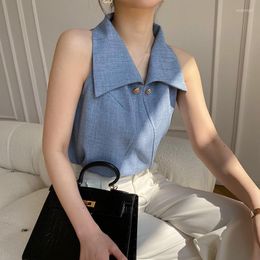Women's Blouses Off Shoulder Sleeveless Shirt Vintage Lapel Top Slim Office Lady Vest Blusa Mujer Korean Chic Spring Blouse Blue Denim