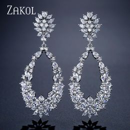 Ear Cuff ZAKOL Luxury Waterdrop Full Mirco Paved Cubic Zircon Dangle Drop Earrings For Women Fashion Wedding Jewelry FSEP2123 230306