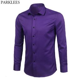 Men's Casual Shirts Purple Men's Bamboo Fibre Dress Shirt Brand Slim Fit Long Sleeve Chemise Homme Non Iron Easy Care Formal Shirt For Men 230307