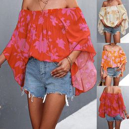 Women's Blouses Fashion Shirt Women Casual Holiday Top Trumpet Sleeve Print Beach Style Shirts One-shoulder Long Sleeves Looes Tops